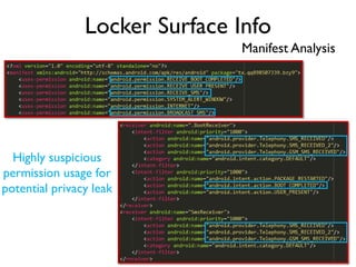 Locker Surface Info
Manifest Analysis
Highly suspicious
permission usage for
potential privacy leak
 