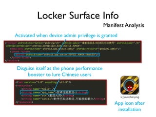 Locker Surface Info
Manifest Analysis
Disguise itself as the phone performance
booster to lure Chinese users
App icon after
installation
Activated when device admin privilege is granted
 