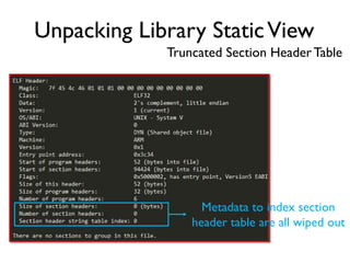 Unpacking Library StaticView
Truncated Section Header Table
Metadata to index section
header table are all wiped out
 