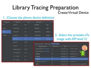 Library Tracing Preparation
CreateVirtual Device
1. Choose the phone device definition
2. Select the armeabi-v7a
image with API level 21
 