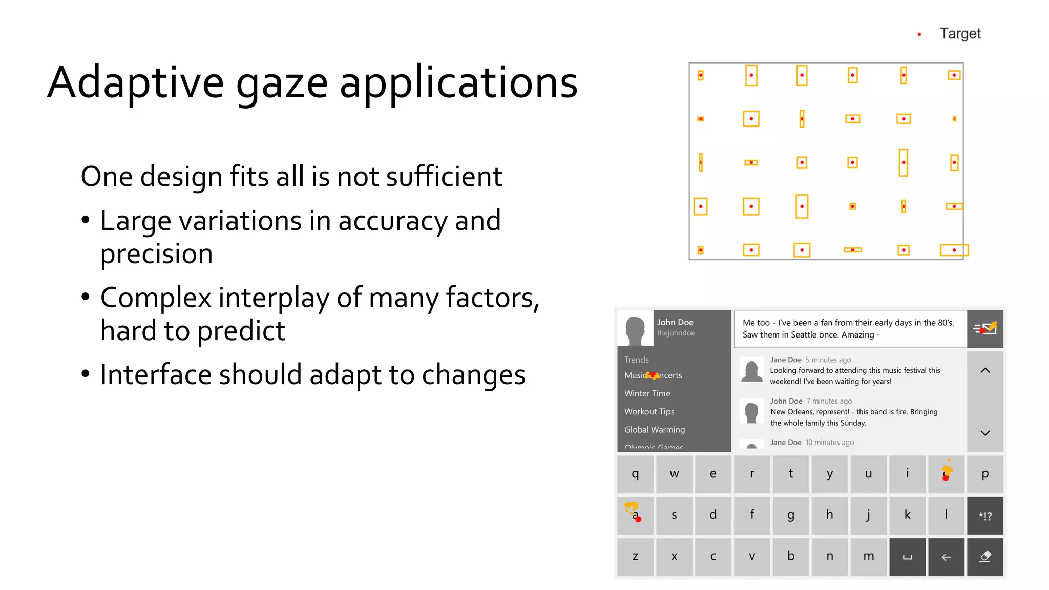 Adaptive gaze applications
One design fits all is not sufficient
• Large variations in accuracy and
precision
• Complex interplay of many factors,
hard to predict
• Interface should adapt to changes
 