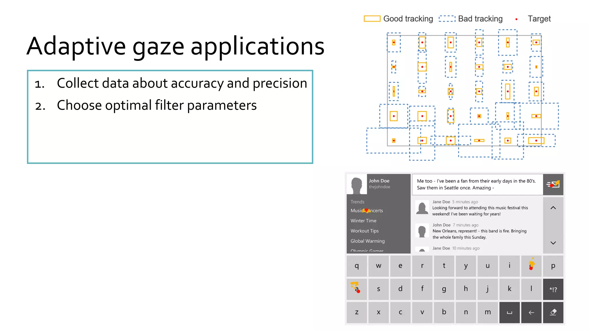 Adaptive gaze applications
1. Collect data about accuracy and precision
2. Choose optimal filter parameters
 