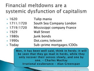 Sub-prime mortgage loans made, increasingly against future resale value of the home, not against real incomeMortgage loans packaged and sold to global capital marketsCollateralized debt obligation (CDOs) issued to finance purchases of packages of sub-prime mortgages and to invest in hedge fundsCredit default swaps invented to give added value to CDOsDebt upon debt upon debtLow interest rate environmentIncentive structure driven by fees, not investment in long-term returnsSo what happened?