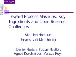 Toward Process Mashups: Key
Ingredients and Open Research
Challenges
        Abdallah Namoun
     University of Manchester

  -Daniel Florian, Tobias Nestler,
  Agnes Koschmider, Marcus Roy-
 