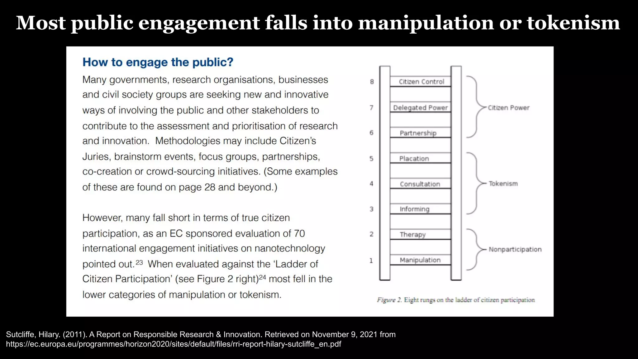 Sutcliffe, Hilary. (2011). A Report on Responsible Research & Innovation. Retrieved on November 9, 2021 from
https://ec.europa.eu/programmes/horizon2020/sites/default/files/rri-report-hilary-sutcliffe_en.pdf
Most public engagement falls into manipulation or tokenism
 
