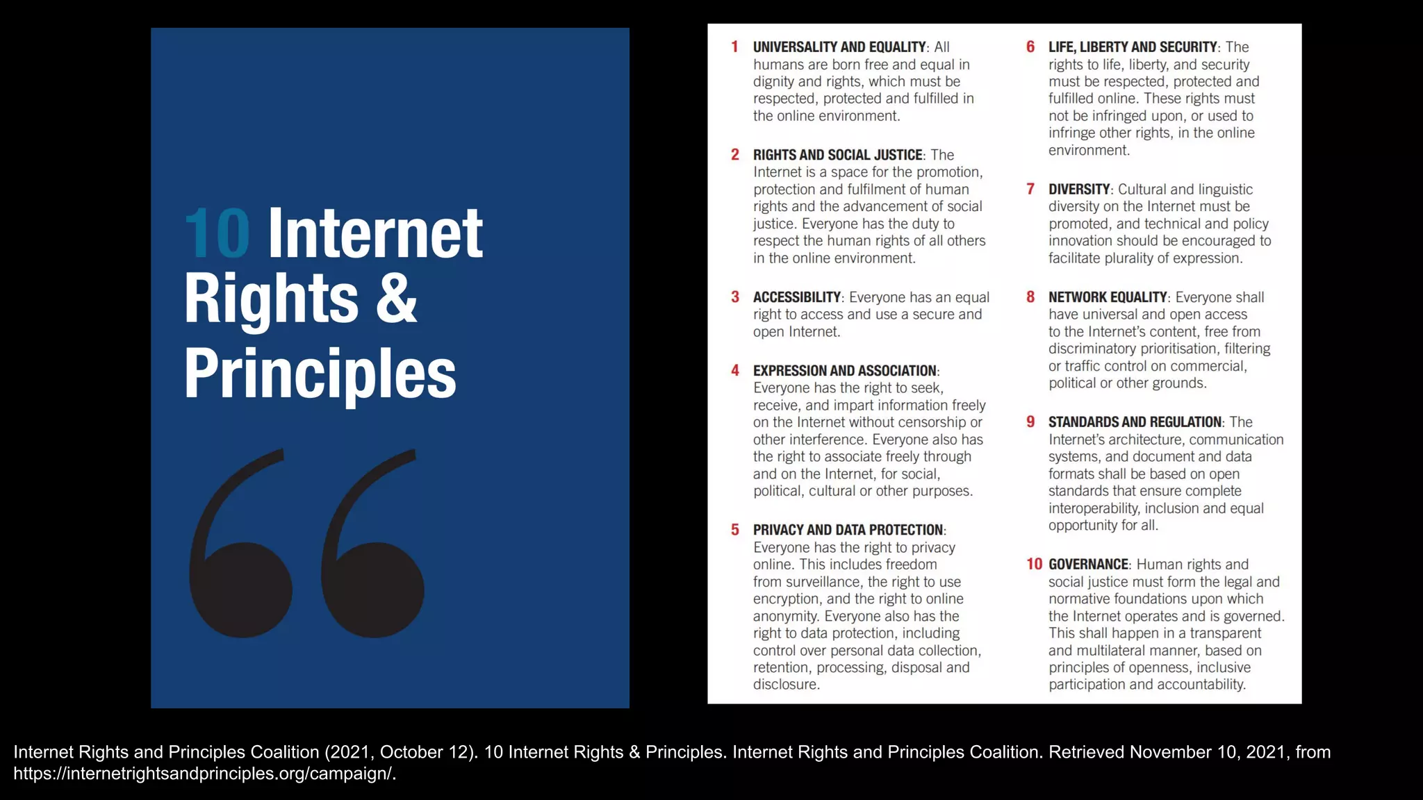 Internet Rights and Principles Coalition (2021, October 12). 10 Internet Rights & Principles. Internet Rights and Principles Coalition. Retrieved November 10, 2021, from
https://internetrightsandprinciples.org/campaign/.
 