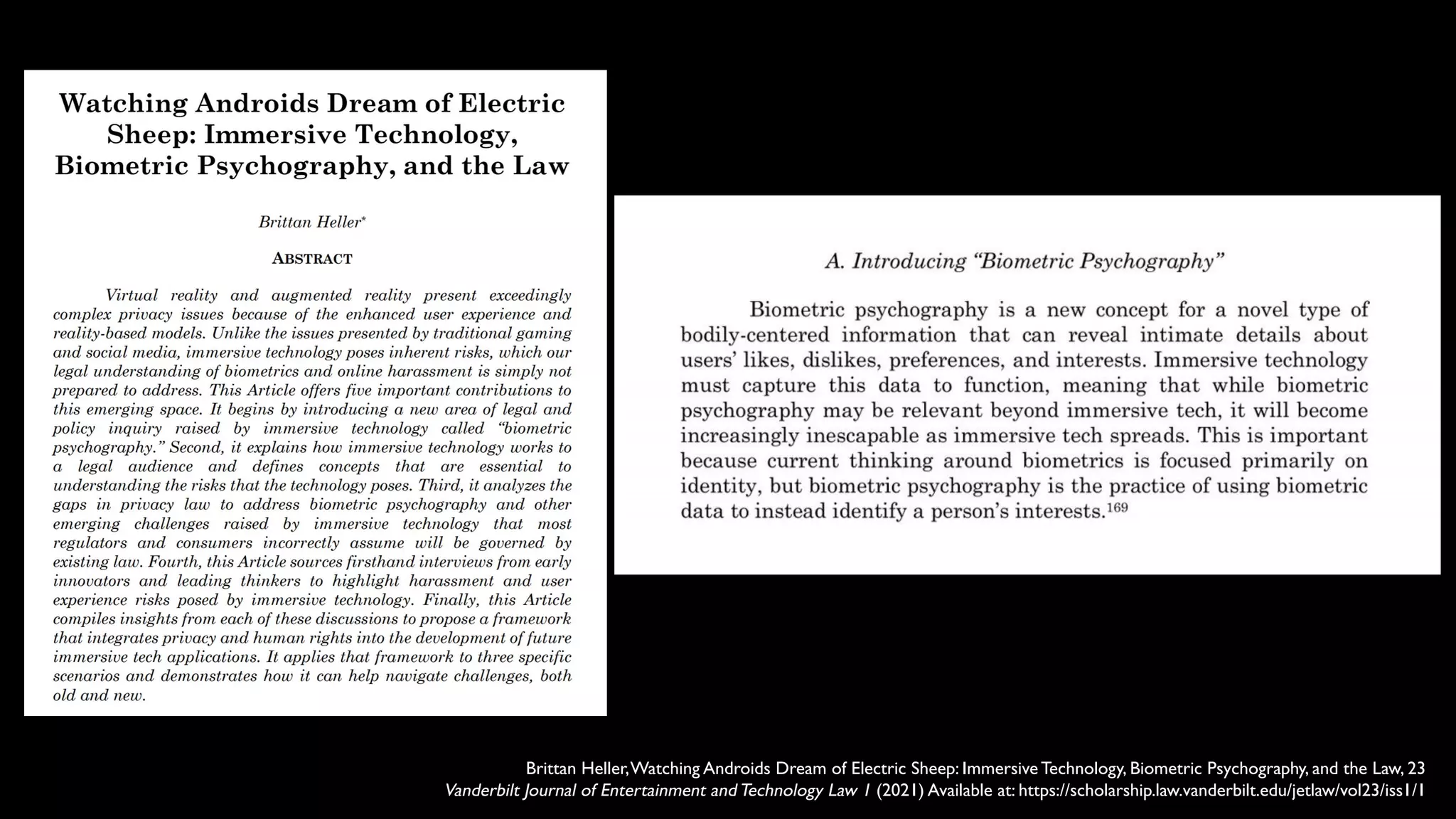 Brittan Heller,Watching Androids Dream of Electric Sheep: Immersive Technology, Biometric Psychography, and the Law, 23
Vanderbilt Journal of Entertainment andTechnology Law 1 (2021) Available at: https://scholarship.law.vanderbilt.edu/jetlaw/vol23/iss1/1
 