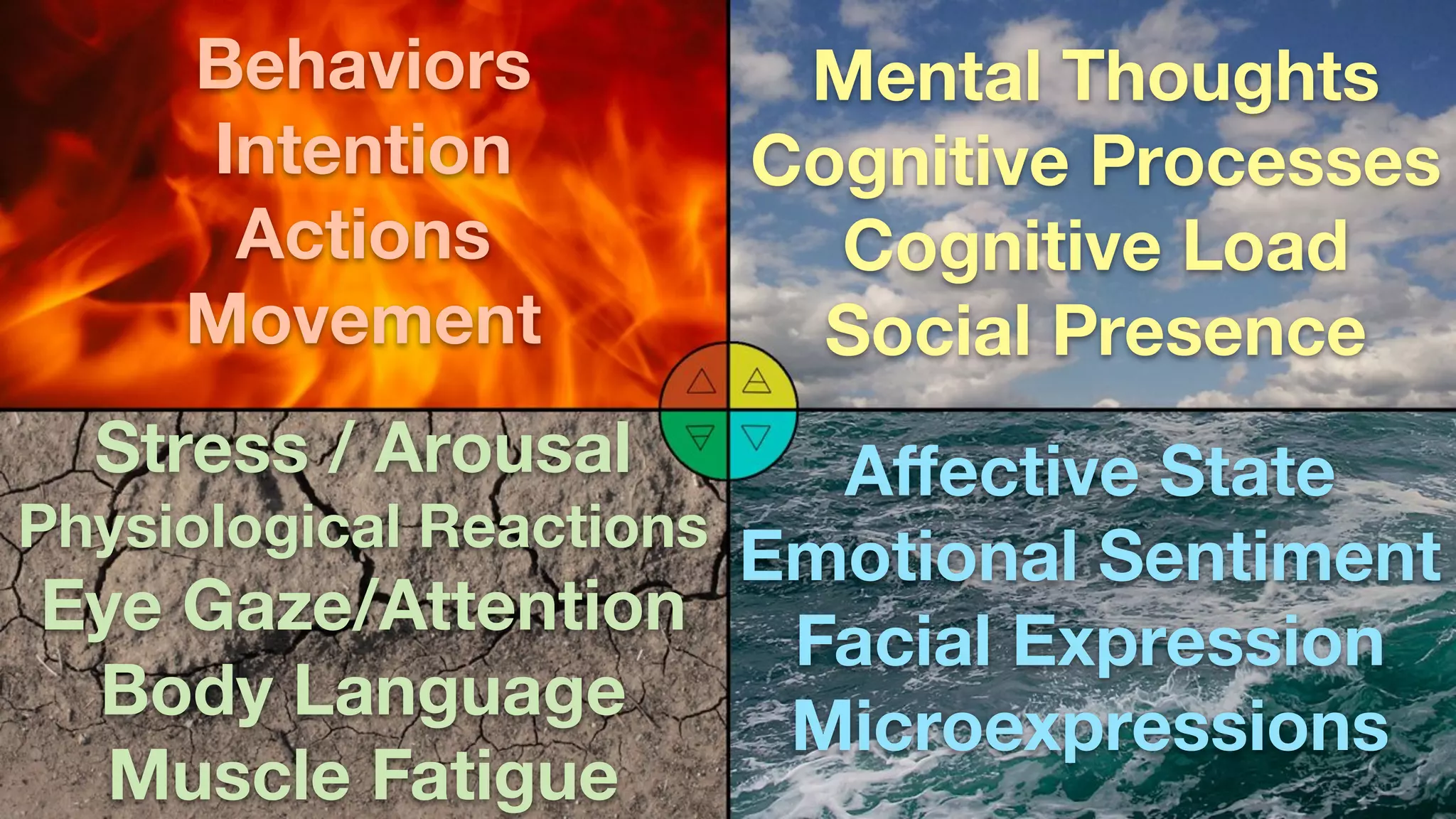 Mental Thoughts
Cognitive Processes
Cognitive Load
Social Presence
Behaviors
Intention
Actions
Movement
Aﬀective State
Emotional Sentiment
Facial Expression
Microexpressions
Stress / Arousal
Physiological Reactions
Eye Gaze/Attention
Body Language
Muscle Fatigue
 