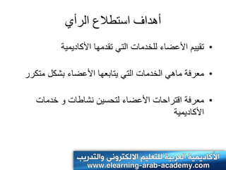 ‫أهداف اسخطالع الرأً‬
          ‫• تقٌٌم األعضاء للخدمات التً تقدمها األكادٌمٌة‬

‫• معرفة ماهً الخدمات التً ٌتابعها األعضاء بشكل متكرر‬

   ‫• معرفة اقتراحات األعضاء لتحسٌن نشاطات و خدمات‬
                                      ‫األكادٌمٌة‬
 