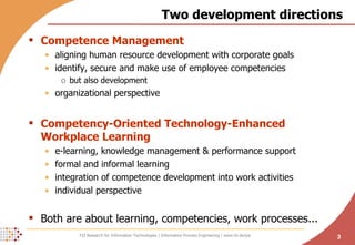 Two development directions Competence Management aligning human resource development with corporate goals identify, secure and make use of employee competencies but also development organizational perspective Competency-Oriented Technology-Enhanced Workplace Learning e-learning, knowledge management & performance support formal and informal learning integration of competence development into work activities individual perspective Both are about learning, competencies, work processes... 