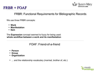 FRBR + FOAF FRBR: Functional Requirements for Bibliographic Records We use three FRBR concepts:   Work Manifestation Item The  Expression  concept seemed to fuzzy for being used: whole  workflow  between a work and its manifestation FOAF: Friend-of-a-friend Person Group Organization ... and the relationship vocabulary (married, brother of, etc.) 