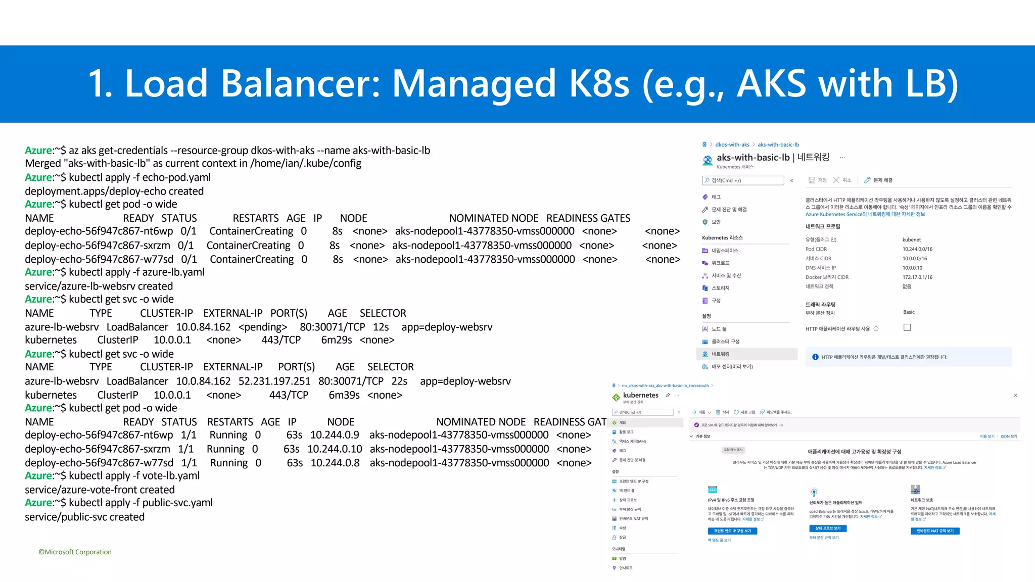 ©Microsoft Corporation Azure
1. Load Balancer: Managed K8s (e.g., AKS with LB)
Azure:~$ az aks get-credentials --resource-group dkos-with-aks --name aks-with-basic-lb
Merged "aks-with-basic-lb" as current context in /home/ian/.kube/config
Azure:~$ kubectl apply -f echo-pod.yaml
deployment.apps/deploy-echo created
Azure:~$ kubectl get pod -o wide
NAME READY STATUS RESTARTS AGE IP NODE NOMINATED NODE READINESS GATES
deploy-echo-56f947c867-nt6wp 0/1 ContainerCreating 0 8s <none> aks-nodepool1-43778350-vmss000000 <none> <none>
deploy-echo-56f947c867-sxrzm 0/1 ContainerCreating 0 8s <none> aks-nodepool1-43778350-vmss000000 <none> <none>
deploy-echo-56f947c867-w77sd 0/1 ContainerCreating 0 8s <none> aks-nodepool1-43778350-vmss000000 <none> <none>
Azure:~$ kubectl apply -f azure-lb.yaml
service/azure-lb-websrv created
Azure:~$ kubectl get svc -o wide
NAME TYPE CLUSTER-IP EXTERNAL-IP PORT(S) AGE SELECTOR
azure-lb-websrv LoadBalancer 10.0.84.162 <pending> 80:30071/TCP 12s app=deploy-websrv
kubernetes ClusterIP 10.0.0.1 <none> 443/TCP 6m29s <none>
Azure:~$ kubectl get svc -o wide
NAME TYPE CLUSTER-IP EXTERNAL-IP PORT(S) AGE SELECTOR
azure-lb-websrv LoadBalancer 10.0.84.162 52.231.197.251 80:30071/TCP 22s app=deploy-websrv
kubernetes ClusterIP 10.0.0.1 <none> 443/TCP 6m39s <none>
Azure:~$ kubectl get pod -o wide
NAME READY STATUS RESTARTS AGE IP NODE NOMINATED NODE READINESS GATES
deploy-echo-56f947c867-nt6wp 1/1 Running 0 63s 10.244.0.9 aks-nodepool1-43778350-vmss000000 <none> <none>
deploy-echo-56f947c867-sxrzm 1/1 Running 0 63s 10.244.0.10 aks-nodepool1-43778350-vmss000000 <none> <none>
deploy-echo-56f947c867-w77sd 1/1 Running 0 63s 10.244.0.8 aks-nodepool1-43778350-vmss000000 <none> <none>
Azure:~$ kubectl apply -f vote-lb.yaml
service/azure-vote-front created
Azure:~$ kubectl apply -f public-svc.yaml
service/public-svc created
 