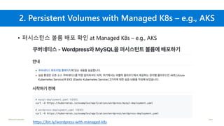 ©Microsoft Corporation Azure
2. Persistent Volumes with Managed K8s – e.g., AKS
• 퍼시스턴스 볼륨 배포 확인 at Managed K8s – e.g., AKS
https://bit.ly/wordpress-with-managed-k8s
 