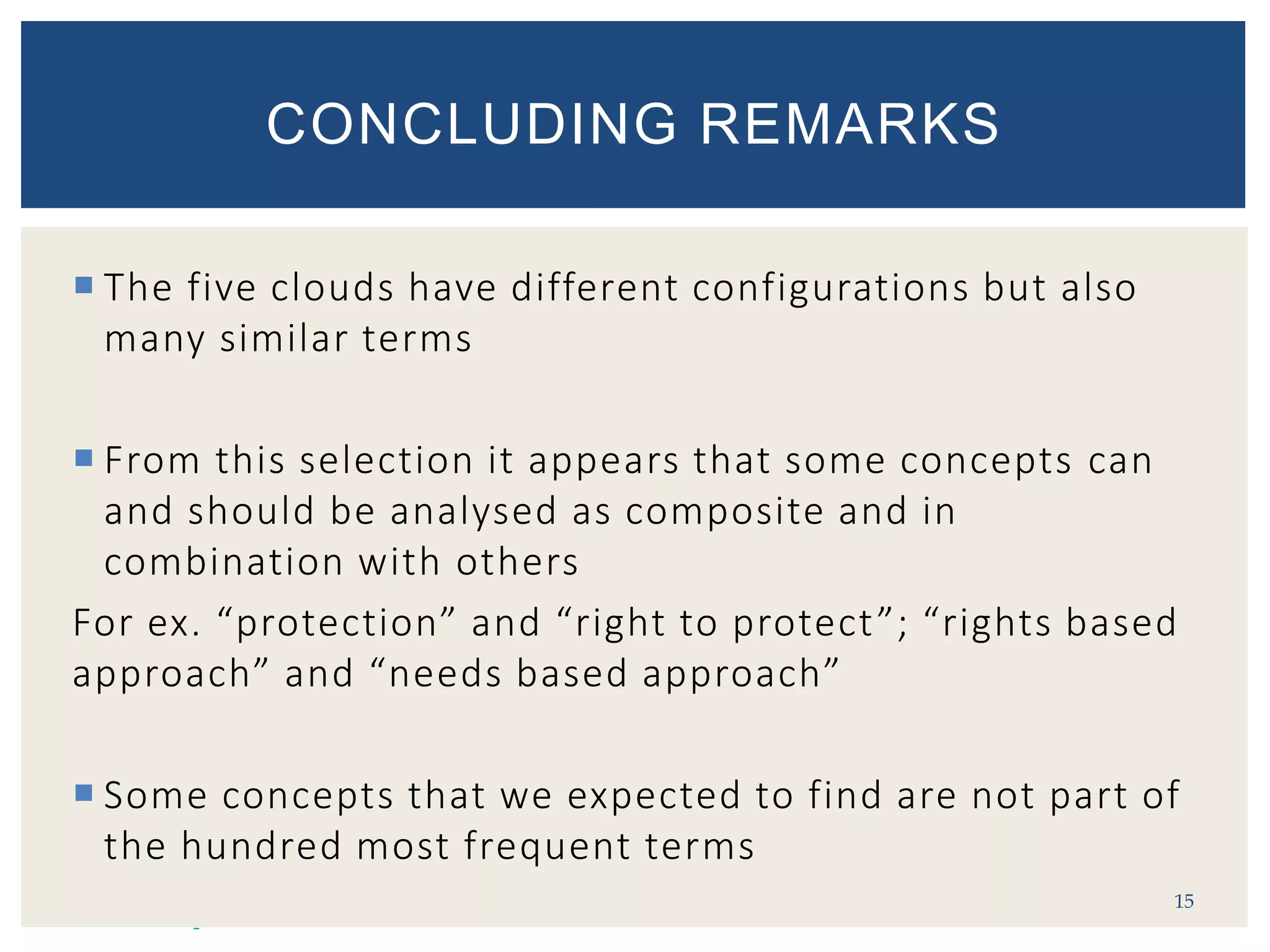  The five clouds have different configurations but also
many similar terms
 From this selection it appears that some concepts can
and should be analysed as composite and in
combination with others
For ex. “protection” and “right to protect”; “rights based
approach” and “needs based approach”
 Some concepts that we expected to find are not part of
the hundred most frequent terms
-
15
CONCLUDING REMARKS
 