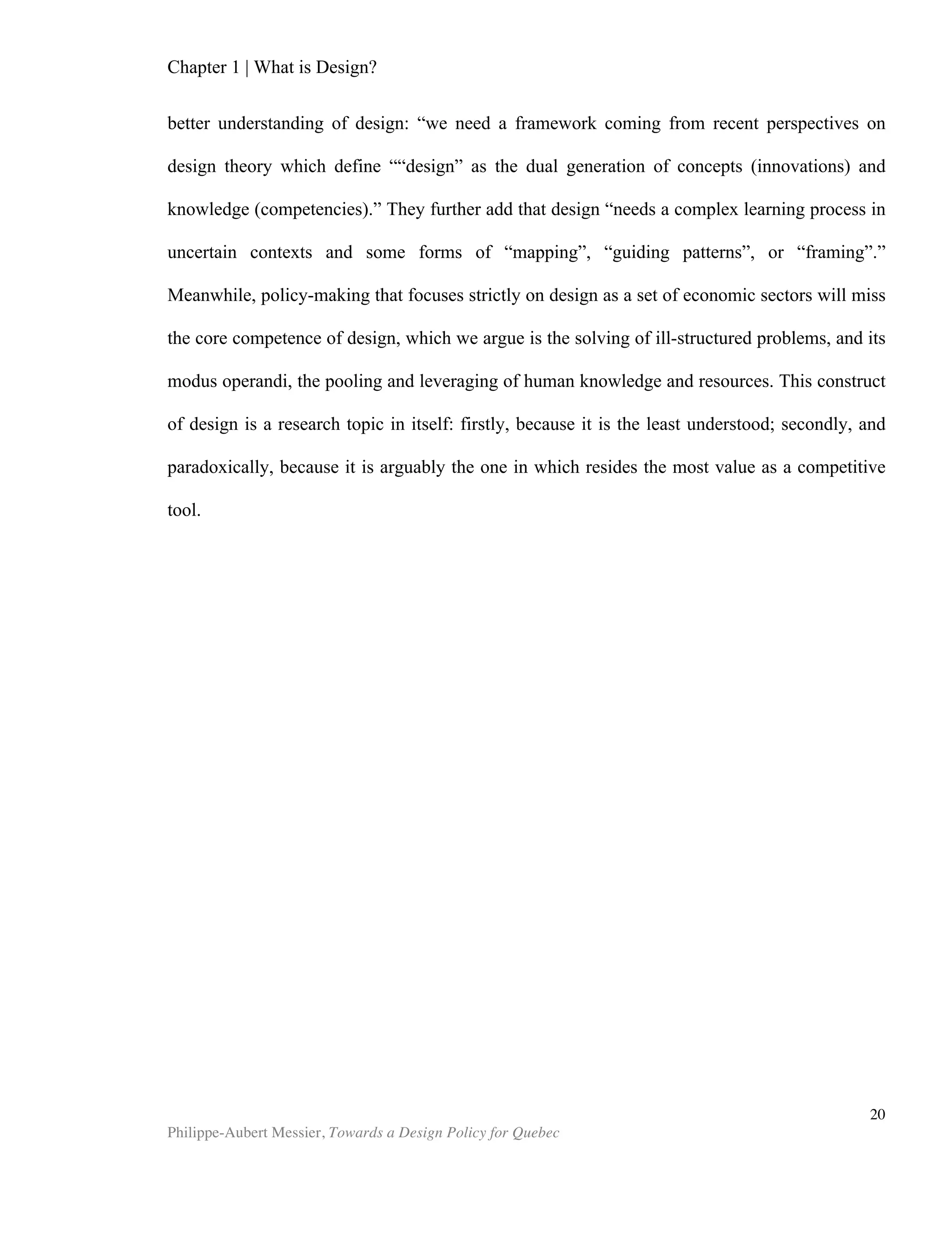 Chapter 2 | The Design Economy
Philippe-Aubert Messier, Towards a Design Policy for Quebec
20
various design awards for which FTSE-listed companies are laureates. As we will see in
the next chapter, when attempting to correlate firms’ use of design and their financial
performance, this approach is widely used. In this study, two portfolios were created
with companies that had won at least one prize in the selected set of design-related
awards shows. The ‘Design Portfolio’ and ‘Emerging Portfolio’ respectively represent
higher scorers, and lower scorers, in terms of number of awards won.
As Figure 1 shows, the study spans both the bull market of the 1990s and the bear
market of the early 2000s. The Design index tends to outperform the FTSE indices
in the bull market. Table 3 also clearly shows that both the Design Portfolio and the
Emerging Portfolio companies, despite the generalized slump, managed to preserve
their value through the bear market of the 2000s much better than their peers.
Source: Design Council, February 2004
Figure 1: Design portfolios performance over ten years
(1994-2003)
 