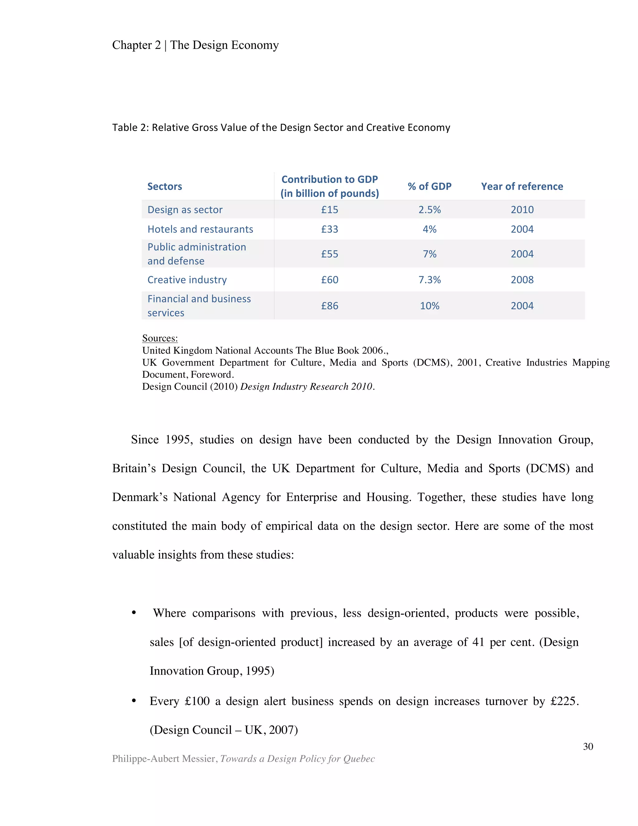 Chapter 2 | The Design Economy
Philippe-Aubert Messier, Towards a Design Policy for Quebec
30
for failing to take sufficient security precautions to prevent criminal attacks on
their tenants and guests. Third parties are being increasingly sued for premises
liability, especially if a criminal attack can be partially attributed to poor design
(Cozens et al., 1999).
Most police forces in England and Wales now have an ‘architectural liaison officer.’
This agent can be called upon to consult with the police force on addressing crime
problems through design solutions. This relationship between arguably odd partners
has been remarkably fruitful. This suggests that design could be put to use as part of
other such counterintuitive tandems, and provide similar benefits. Worpole further
suggests that positive externalities of design may already include such hidden benefits
as a reduction in demand for health care provision, and possibly even an increase in
education attainment.
On Human Resources
Office buildings are the largest capital asset in the developed world. This is also
where half of the workforce is employed (Bole et al., 2006). The role of designers has
long been to cram as many cubicles as possible into an office floor plan, but this is
showing signs of changing. Indeed, the priorities in office design have shifted towards
creating efficient, employee-friendly spaces that encourage informality and
communication. Human resources academics publish studies with titles such as “The
Impact the Physical Work Environment Has on the Professional Performance and
Psychological Well-Being of Employees” (Earle, 2003). While human resources
professionals link the quality of the office environment with employee performance,
office design is also becoming a key differentiating factor when trying to attract
employees in the first place, a fact that is confirmed by Jeffrey Taylor, Chief Executive
Officer of the Internet-based career centre Monster.com: "Our office design is a perk
to clearly differentiate us from other companies."
On Quality of Life
Robert W. Veryzer has published several studies that together demystify the
relationship between product aesthetics and consumers’ affective judgments. In a 1993
article entitled "Aesthetic responses and the influence of design principles on product
preferences," he concludes that, “Aesthetics/design has the capacity to influence the
very quality of life itself by literally shaping the products that make up so much of the
"world" in which we live” (Veryzer, 1993). Design can improve access for the disabled
and elderly; it can simplify complex operations, make optimal use of space, and
minimize maintenance; it can improve civic pride and sense of identity. Design can act
on countless little things that make up the wider notion of “quality of life.”
On Tourism
 