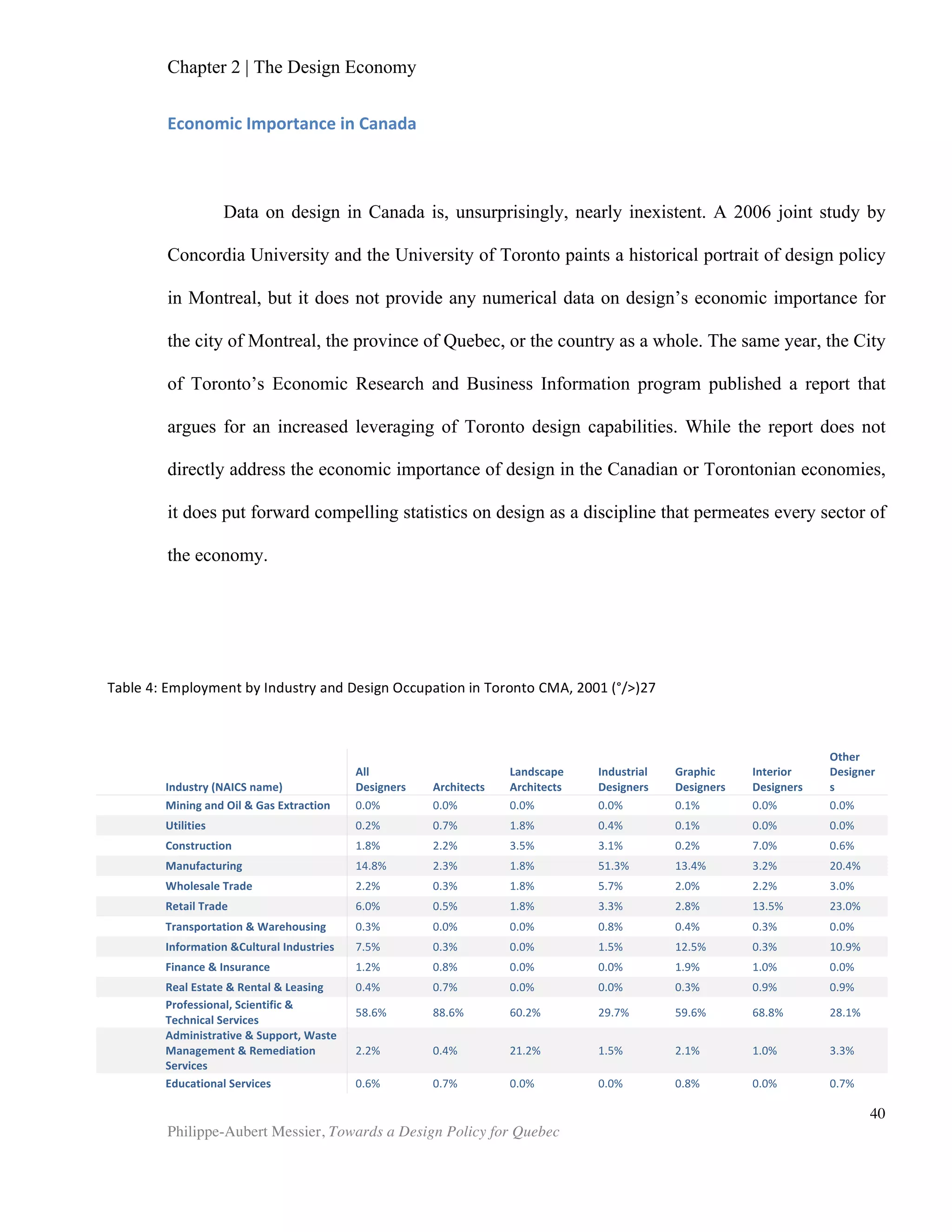 Chapter 4 | Design Policy
Philippe-Aubert Messier, Towards a Design Policy for Quebec
40
For SMEs
Design policy is not in itself targeted towards one sector or another. It aims to
make better use of design across all company sectors and sizes. That being said, there
is reason to believe that design policy is of greatest benefit to SMEs. As we stated in
Chapter 1, research by Page and Herr shows that weak brands may be able to compete
effectively against strong brands, as long as the weaker brand’s offering exudes
superior design. In other words, while strong brands provide some protection from the
disadvantages of poorly designed products, SMEs with weak brands do not have that
luxury. In the high symbolism product categories that Page and Herr studied, SMEs are
in a sense compelled to produce good design, because otherwise they risk being
crushed by stronger brands.
However, there is a long list of reasons SMEs fail to invest in innovation and
design. Raulik et al. in their 2009 paper entitled “National Design Systems” compiled,
from various research, the following hurdles that SMEs face with regards to using
design. First, SMEs are not able to absorb the risk inherent to design and innovation
Source: “National Design Systems”, (Raulik-Murphy et al. 2009)
ministry'of'
educaNon
ministry'of'
trade'
and'industry
city
councils
design
forum
ﬁnland
design
start
program
tekes
diges
design
2005
(research)
design'
round'table
academy'
of'ﬁnland
int.'design
business
mgmt.'prog.
polyV
technics
graﬃa
nat.'assoc.
of'g.'
designers
ministry'of'
foreign'aﬀairs
insNtue
for
design
research
research
insNtute'of
the'ﬁnish
economy
university
'of'lapland
ornamo
ﬁnnish
assoc.'of
designers
foundaNonsﬁnish
indsutries
designium
university
'ofart'
and'design
design
2005
(technology)
FUNDING'SOURCES
DESIGN'POLICY DESIGN'PROMOTION
DESIGN'EDUCATION
PROFESSIONAL'ASSOCIATIONS
DESIGN'SUPPORT
RESERACH'&'DEVELOPMENT
NaNonal'Design'System
FINLAND'(as'of'2007)
private'&'non'proﬁt'sector
Figure	
  6:	
  National	
  Design	
  System	
  in	
  Finland,	
  as	
  of	
  2007.	
  	
  
	
  
 