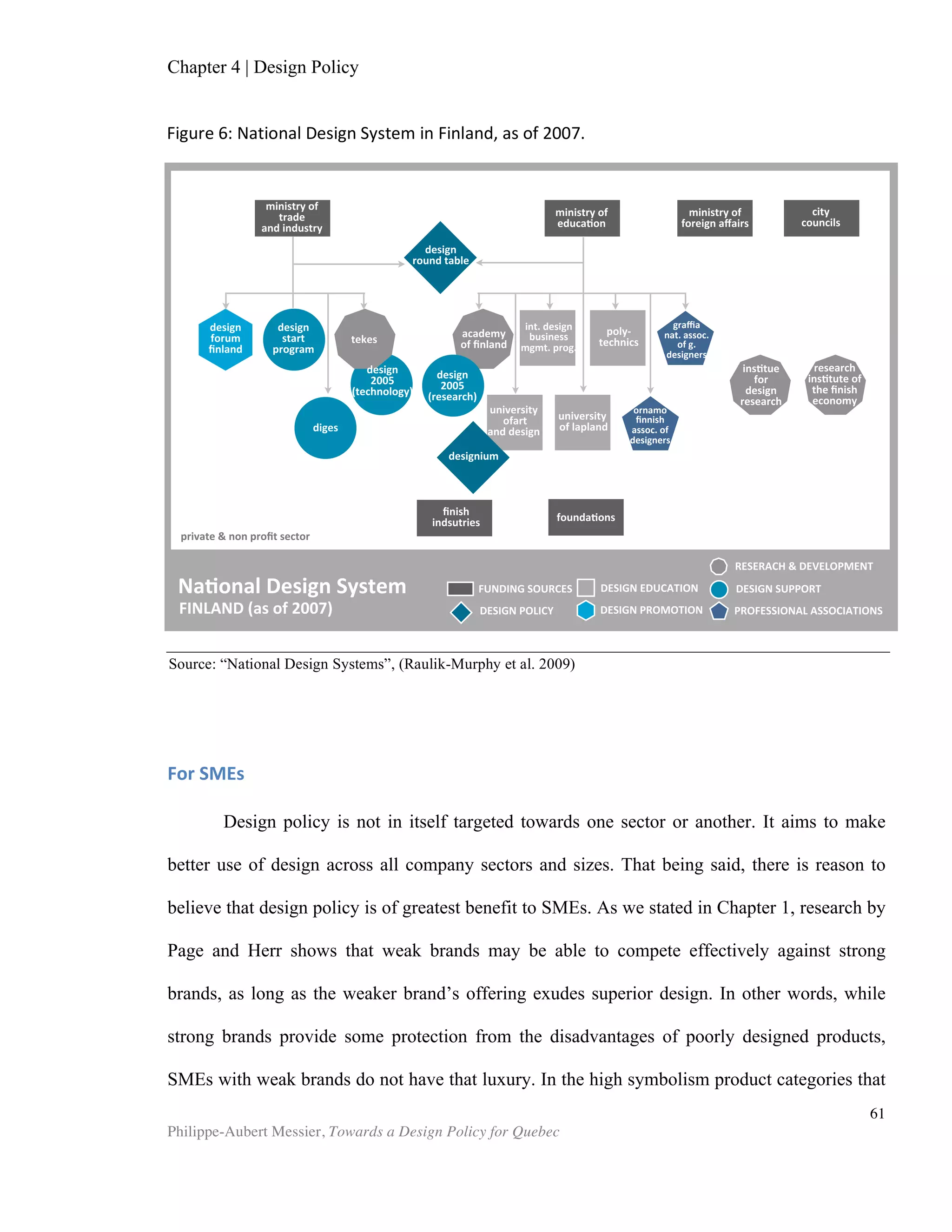 Philippe-Aubert Messier, Towards a Design Policy for Quebec
61
HESKETT, JOHN (2009). “The nature and nurture of design ability”, Design Studies, vol.
11, no 3, July 1990, 127-140.
HOLBROOK, MORRIS B.,& ZIRLIN, ROBERT B. (1985). “Artistic creation, artworks, and
aesthetic appreciation.” Advances in Non-Profit Marketing, no 1, 1–54.
HYTÖNEN, J., HEIKKINEN, H. (2003). “Design Policy and Promotion Programmes in
Selected Countries and Regions”, Designium World Design Series, International Council
Of Indutrial Design, http://www.icsid.org.
JERMYN, D. (2010) Designing a national policy, Special to The Globe and Mail.
KOREAN INSTITUTE OF DESIGN PROMOTION (KIDP), (2008), National Design
Competitiveness Report 2008.
KOTLER, P., RATH, G. A. (1984) . “Design— a powerful but neglected tool”. Journal of
Business Strategy, no 5, 25–30.
KREUZBAUER, R., MALTER, A. J. (2005). “Embodied Cognition and New Product
Design : Changing Product Form to Influence Brand Categorization”, Journal of
Product Innovation Management, vol 22, no 2, 165-176.
KREUZBAUER, Robert et Alan J. MALTER (2007). “Product Design Perception and
Brand Categorization”, Advances in Consumer Research, North American Conference
Proceedings, vol 34, 240-246.
LIEDTKA, Jeanne (2010). “Business Strategy and Design: Can this Marriage Be Saved?”
keynote given at the the Design Management Institute, published by Design
Management Review.
MONTAÑA, Jordi, Francisco GUZMÁN et Isa MOLL (2007). “Branding and design
management : a brand design management model”, Journal of Marketing Management,
vol. 23, no 9/10, 829-840.
MOULTRIE, J. LIVESEY, F. (2009). International Design Scoreboard: Initial Indicators of
International Design Capabilities, University of Cambridge.
MUSCHAMP, H. (1997). “The Miracle in Bilbao”, The New York Times Magazine,
September 7, 1997, Section 6.
NORTH, D. C. (1990). Institutions, institutional change and economic performance.
Cambridge, Cambridge University Press.
NUSSBAUM, Bruce (1988). “Smart design”, Business Week, April 11, 102-117.
OAKLEY, Mark. (1990). “Design and design management” in Mark Oakley (ed.), Design
Management: A Handbook of Issues and Methods (3-14), Cambridge, Basil Blackwell
 