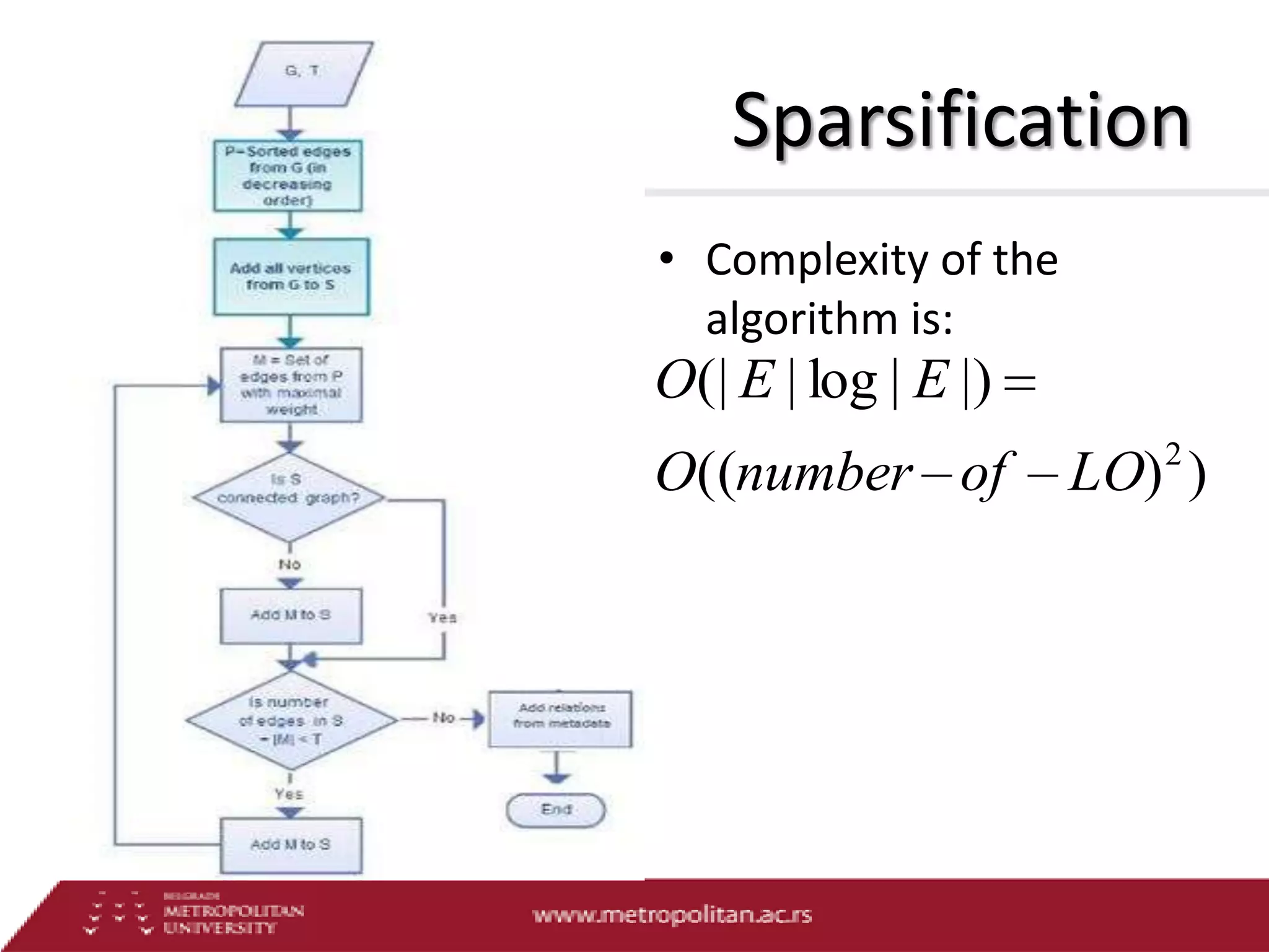Sparsification
• Complexity of the
algorithm is:

O(| E | log | E |)
O((number of

2

LO) )

 