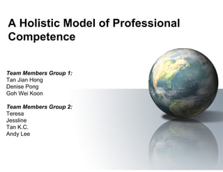 A Holistic Model of Professional
Competence


Team Members Group 1:
Tan Jian Hong
Denise Pong
Goh Wei Koon

Team Members Group 2:
Teresa
Jessline
Tan K.C.
Andy Lee
 