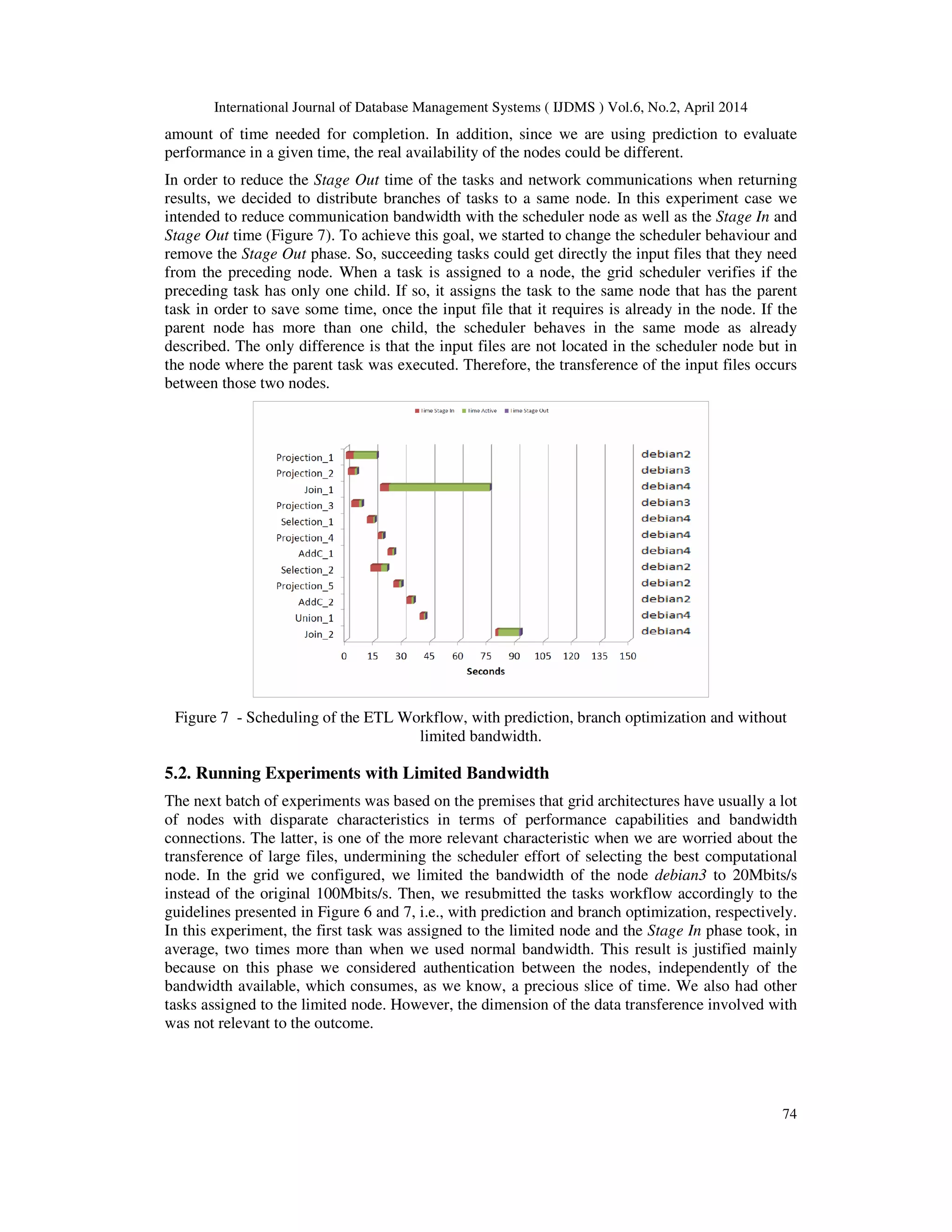 International Journal of Database Management Systems ( IJDMS ) Vol.6, No.2, April 2014
74
amount of time needed for completion. In addition, since we are using prediction to evaluate
performance in a given time, the real availability of the nodes could be different.
In order to reduce the Stage Out time of the tasks and network communications when returning
results, we decided to distribute branches of tasks to a same node. In this experiment case we
intended to reduce communication bandwidth with the scheduler node as well as the Stage In and
Stage Out time (Figure 7). To achieve this goal, we started to change the scheduler behaviour and
remove the Stage Out phase. So, succeeding tasks could get directly the input files that they need
from the preceding node. When a task is assigned to a node, the grid scheduler verifies if the
preceding task has only one child. If so, it assigns the task to the same node that has the parent
task in order to save some time, once the input file that it requires is already in the node. If the
parent node has more than one child, the scheduler behaves in the same mode as already
described. The only difference is that the input files are not located in the scheduler node but in
the node where the parent task was executed. Therefore, the transference of the input files occurs
between those two nodes.
Figure 7 - Scheduling of the ETL Workflow, with prediction, branch optimization and without
limited bandwidth.
5.2. Running Experiments with Limited Bandwidth
The next batch of experiments was based on the premises that grid architectures have usually a lot
of nodes with disparate characteristics in terms of performance capabilities and bandwidth
connections. The latter, is one of the more relevant characteristic when we are worried about the
transference of large files, undermining the scheduler effort of selecting the best computational
node. In the grid we configured, we limited the bandwidth of the node debian3 to 20Mbits/s
instead of the original 100Mbits/s. Then, we resubmitted the tasks workflow accordingly to the
guidelines presented in Figure 6 and 7, i.e., with prediction and branch optimization, respectively.
In this experiment, the first task was assigned to the limited node and the Stage In phase took, in
average, two times more than when we used normal bandwidth. This result is justified mainly
because on this phase we considered authentication between the nodes, independently of the
bandwidth available, which consumes, as we know, a precious slice of time. We also had other
tasks assigned to the limited node. However, the dimension of the data transference involved with
was not relevant to the outcome.
 