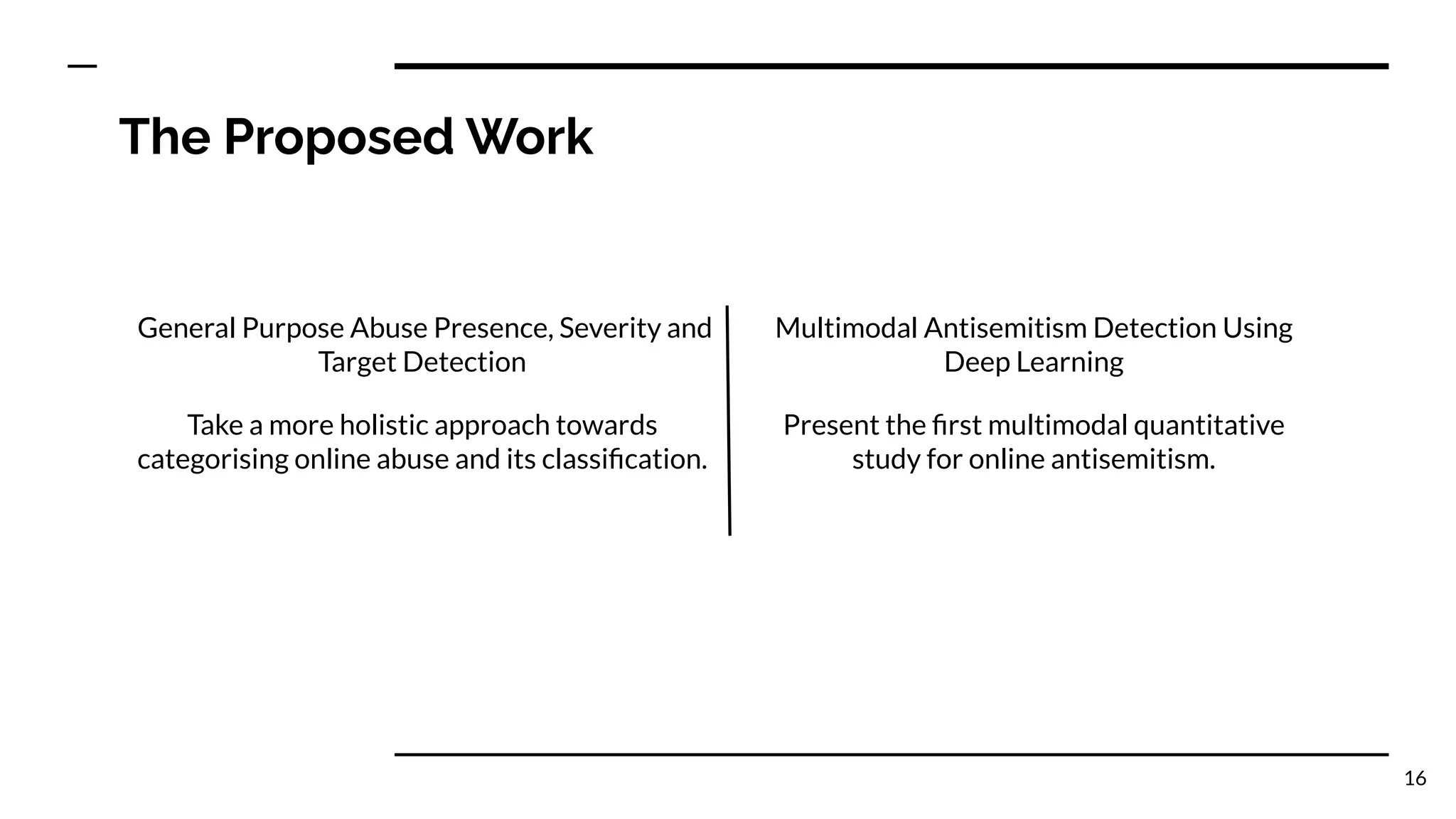 The Proposed Work
16
General Purpose Abuse Presence, Severity and
Target Detection
Take a more holistic approach towards
categorising online abuse and its classiﬁcation.
Multimodal Antisemitism Detection Using
Deep Learning
Present the ﬁrst multimodal quantitative
study for online antisemitism.
 