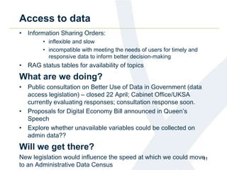 Access to data
• Information Sharing Orders:
• inflexible and slow
• incompatible with meeting the needs of users for timely and
responsive data to inform better decision-making
• RAG status tables for availability of topics
What are we doing?
• Public consultation on Better Use of Data in Government (data
access legislation) – closed 22 April; Cabinet Office/UKSA
currently evaluating responses; consultation response soon.
• Proposals for Digital Economy Bill announced in Queen’s
Speech
• Explore whether unavailable variables could be collected on
admin data??
Will we get there?
New legislation would influence the speed at which we could move
to an Administrative Data Census
11
 