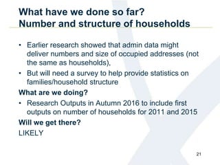 What have we done so far?
Number and structure of households
• Earlier research showed that admin data might
deliver numbers and size of occupied addresses (not
the same as households),
• But will need a survey to help provide statistics on
families/household structure
What are we doing?
• Research Outputs in Autumn 2016 to include first
outputs on number of households for 2011 and 2015
Will we get there?
LIKELY
21
 