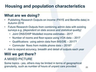 Housing and population characteristics
What are we doing?
• Publishing Research Outputs on income (PAYE and Benefits data) in
Autumn 2016
• Future Research Outputs from combining admin data with existing
surveys e.g. [dependent on data access and statistical quality]
• Joint ONS/DWP Modelled income estimates - 2017
• Number of rooms and floor-space using VOA data – 2017
• Qualifications using admin data from BIS/DfE – 2017?
• Commuter flows from mobile phone data – 2018?
• Aim to expand accuracy, breadth and detail of outputs each year
Will we get there?
A MIXED PICTURE
Some topics - yes, others may be limited in terms of geographical
granularity, such as number of hours of unpaid care provided 23
 