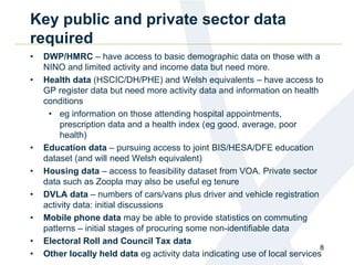 Key public and private sector data
required
• DWP/HMRC – have access to basic demographic data on those with a
NINO and limited activity and income data but need more.
• Health data (HSCIC/DH/PHE) and Welsh equivalents – have access to
GP register data but need more activity data and information on health
conditions
• eg information on those attending hospital appointments,
prescription data and a health index (eg good, average, poor
health)
• Education data – pursuing access to joint BIS/HESA/DFE education
dataset (and will need Welsh equivalent)
• Housing data – access to feasibility dataset from VOA. Private sector
data such as Zoopla may also be useful eg tenure
• DVLA data – numbers of cars/vans plus driver and vehicle registration
activity data: initial discussions
• Mobile phone data may be able to provide statistics on commuting
patterns – initial stages of procuring some non-identifiable data
• Electoral Roll and Council Tax data
• Other locally held data eg activity data indicating use of local services
8
 