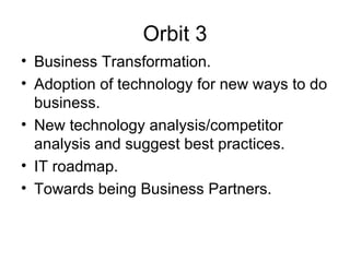 Orbit 3 Business Transformation. Adoption of technology for new ways to do business. New technology analysis/competitor analysis and suggest best practices. IT roadmap. Towards being Business Partners. 