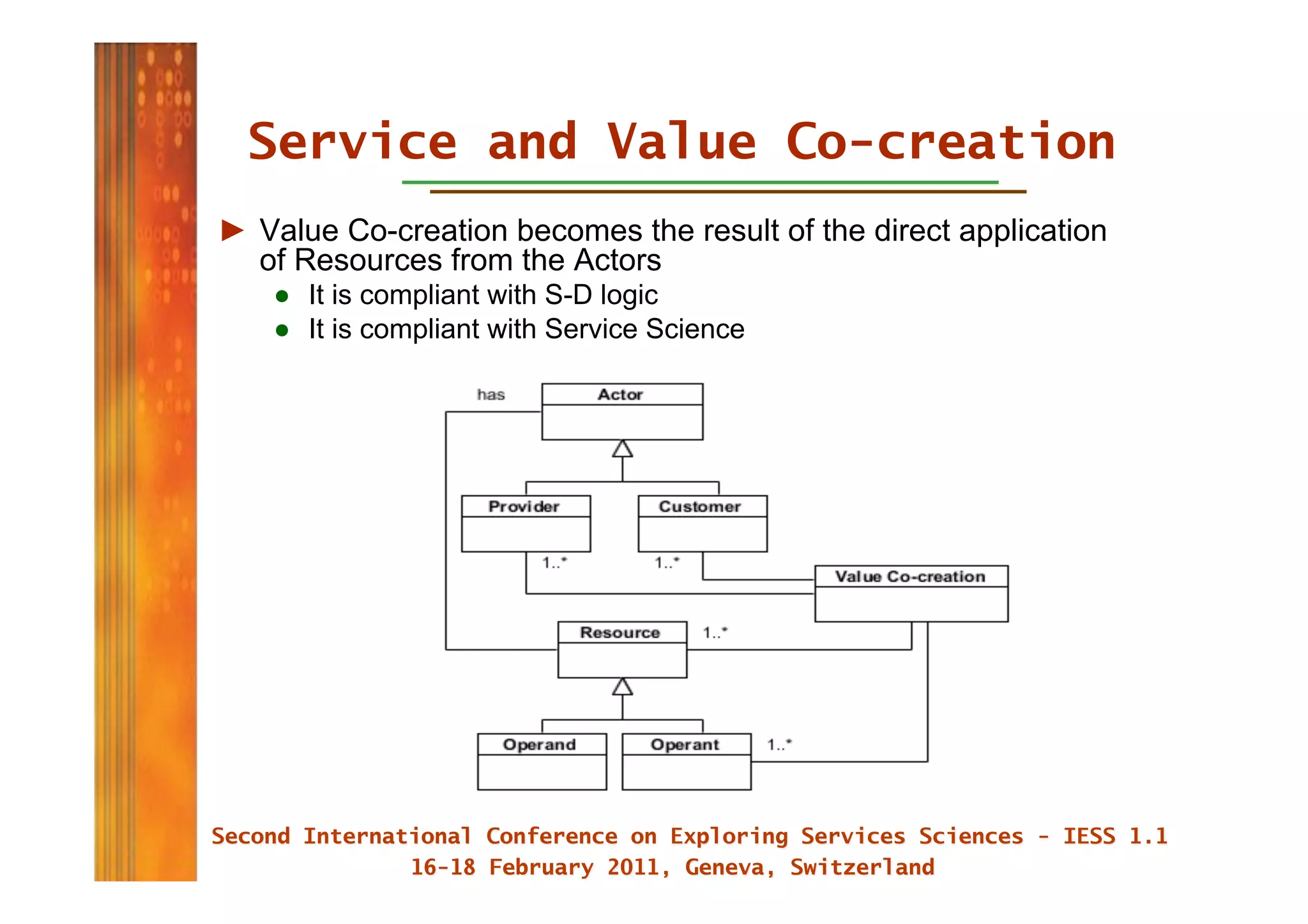 Service and Value Co-creation
►  Value Co-creation becomes the result of the direct application
   of Resources from the Actors
    ●  It is compliant with S-D logic
    ●  It is compliant with Service Science
 