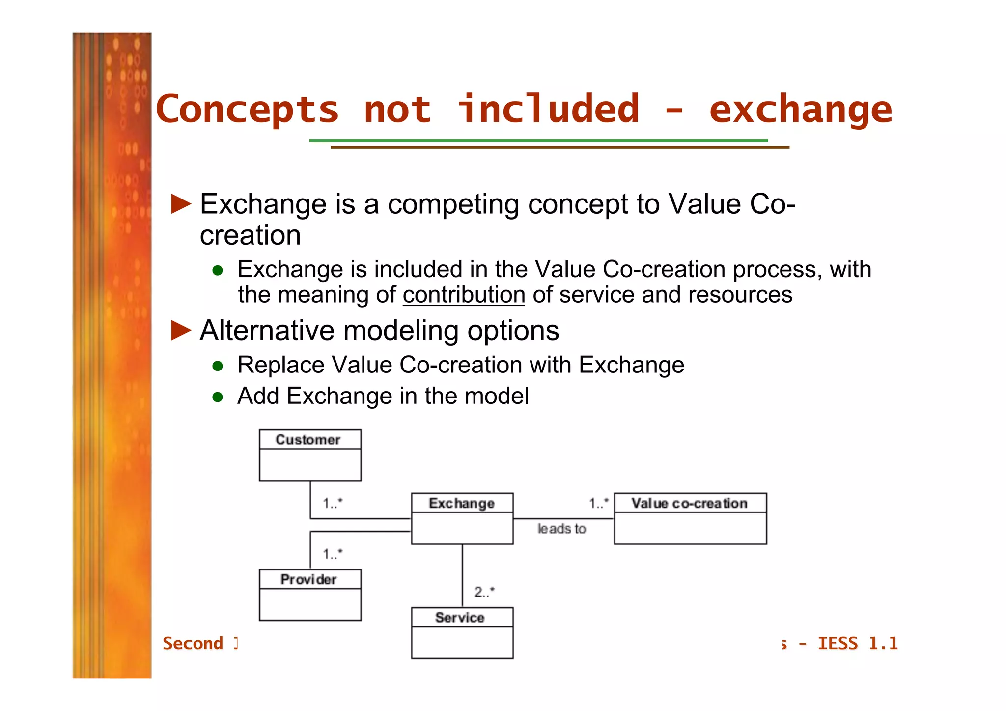Concepts not included - exchange

► Exchange is a competing concept to Value Co-
  creation
   ●  Exchange is included in the Value Co-creation process, with
      the meaning of contribution of service and resources
► Alternative modeling options
   ●  Replace Value Co-creation with Exchange
   ●  Add Exchange in the model
 