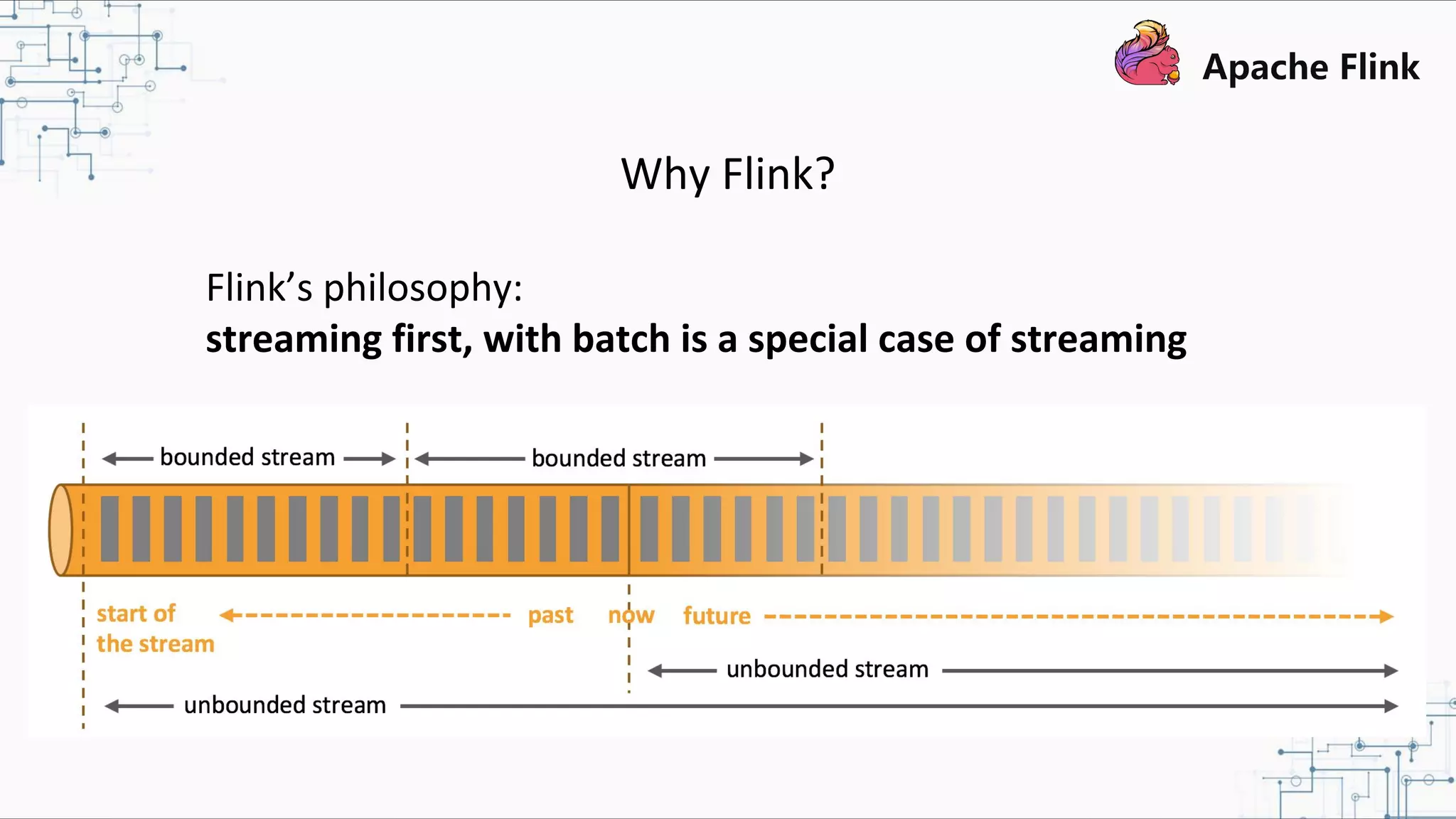 Why Flink? Flink’s philosophy: streaming first, with batch is a special case of streaming 