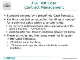 UTA Test Case: Contract Management Standard covered by a predefined Case Template. KW finds out that an exception handling is needed for a contract value within a certain range. E.g. perform additional checks before approving when the value is 500.000 – 700.000 EUR. Check transfer fees, transfer conditions between the banks These activities and the range were not foreseen in the Case Template. KW defines an ad hoc Task. UTA learns and supports others with BNAs in similar situations.  