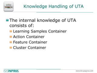 Knowledge Handling of UTA The internal knowledge of UTA consists of: Learning Samples Container Action Container Feature Container Cluster Container  