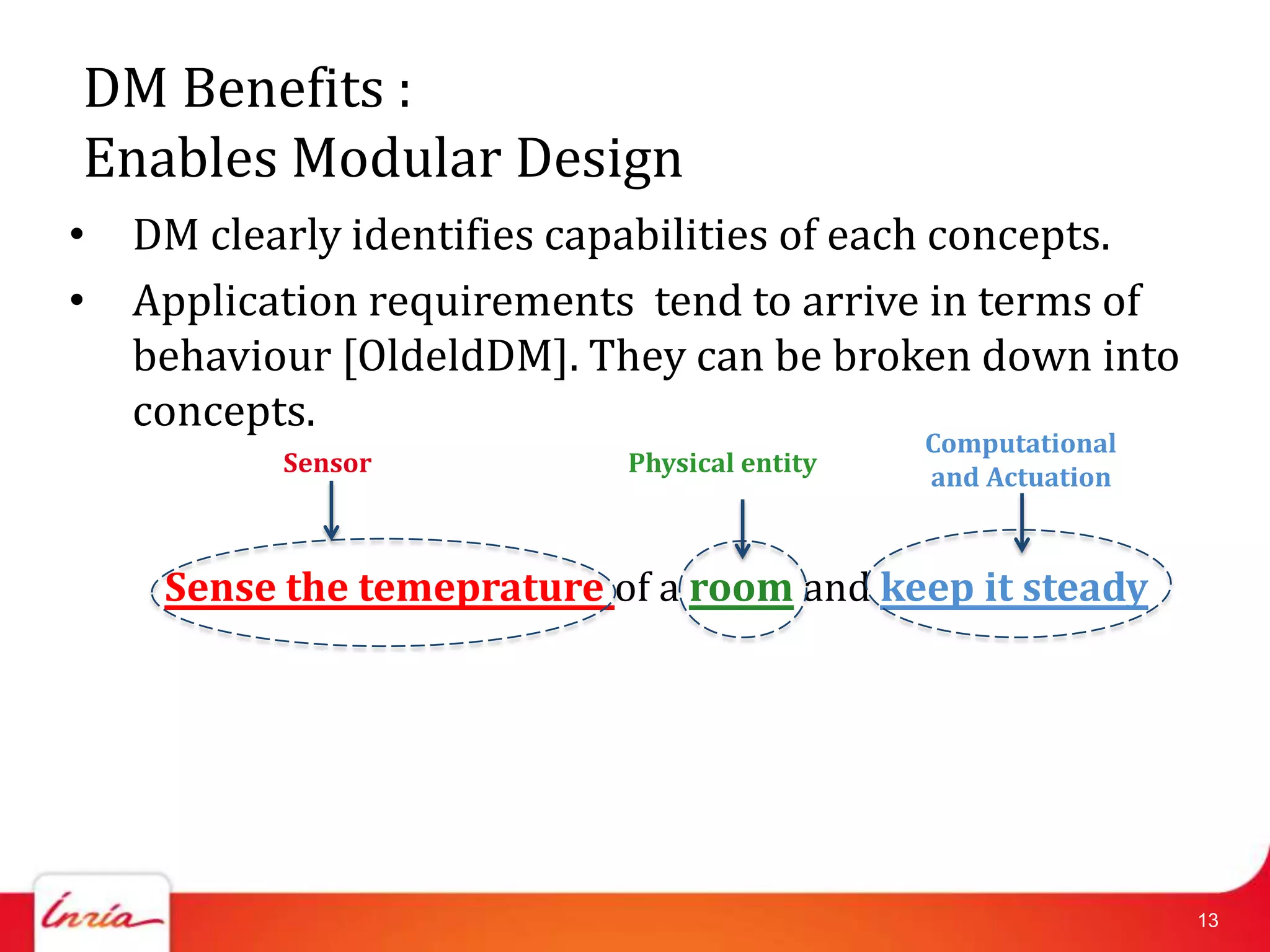 DM Benefits :
Enables Modular Design
•   DM clearly identifies capabilities of each concepts.
•   Application requirements tend to arrive in terms of
    behaviour [OldeldDM]. They can be broken down into
    concepts.
                                              Computational
           Sensor           Physical entity
                                              and Actuation



     Sense the temeprature of a room and keep it steady




                                                              13
 
