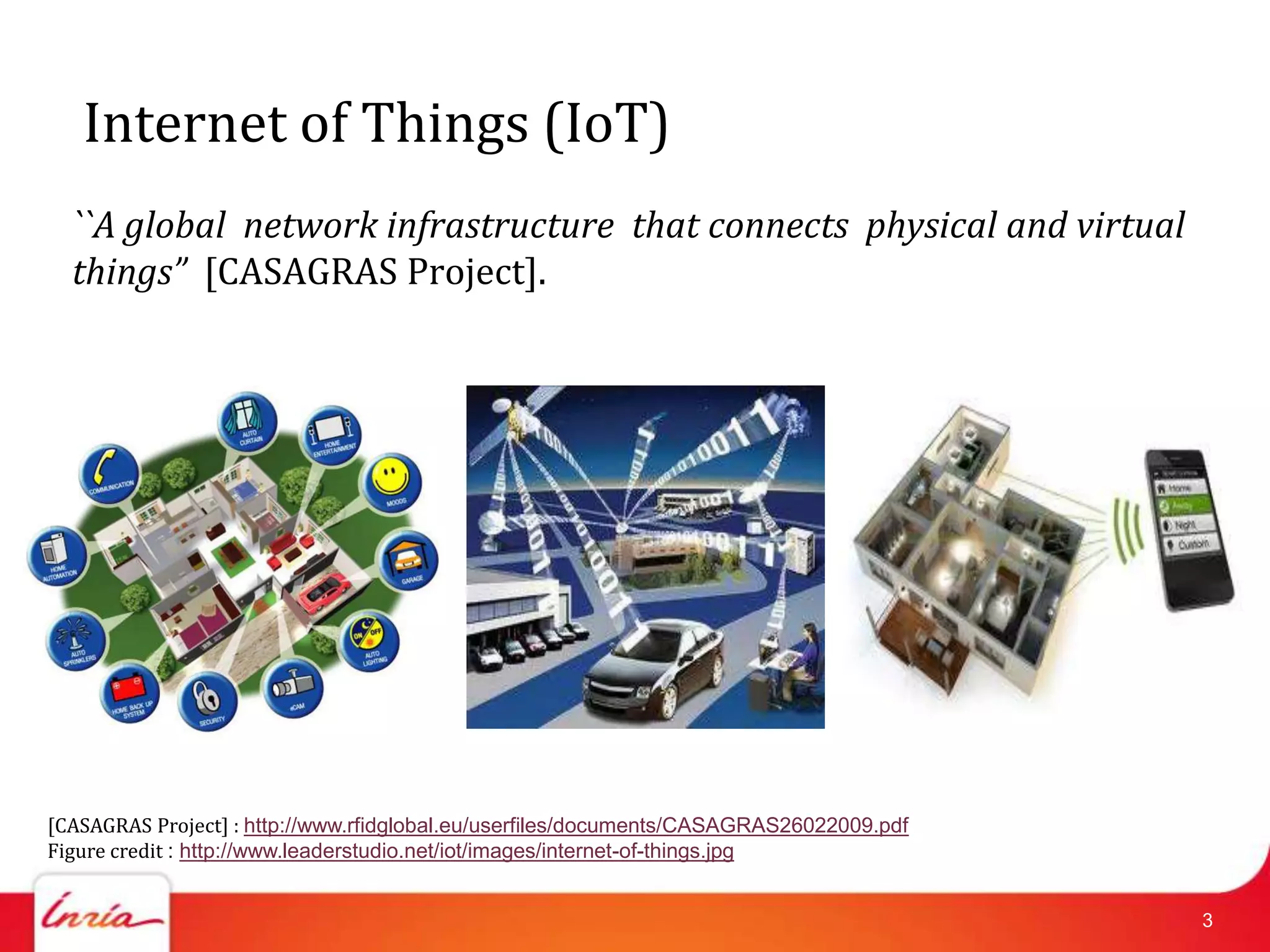 Internet of Things (IoT)
  ``A global network infrastructure that connects physical and virtual
  things” [CASAGRAS Project].




[CASAGRAS Project] : http://www.rfidglobal.eu/userfiles/documents/CASAGRAS26022009.pdf
Figure credit : http://www.leaderstudio.net/iot/images/internet-of-things.jpg


                                                                                         3
 