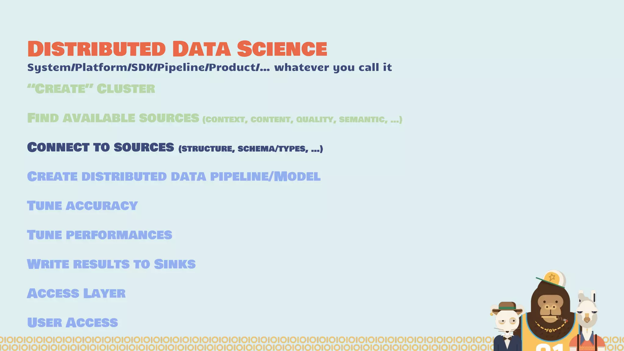 Distributed Data Science
System/Platform/SDK/Pipeline/Product/… whatever you call it
“Create” Cluster
Find available sources (context, content, quality, semantic, …)
Connect to sources (structure, schema/types, …)
Create distributed data pipeline/Model
Tune accuracy
Tune performances
Write results to Sinks
Access Layer
User Access
 