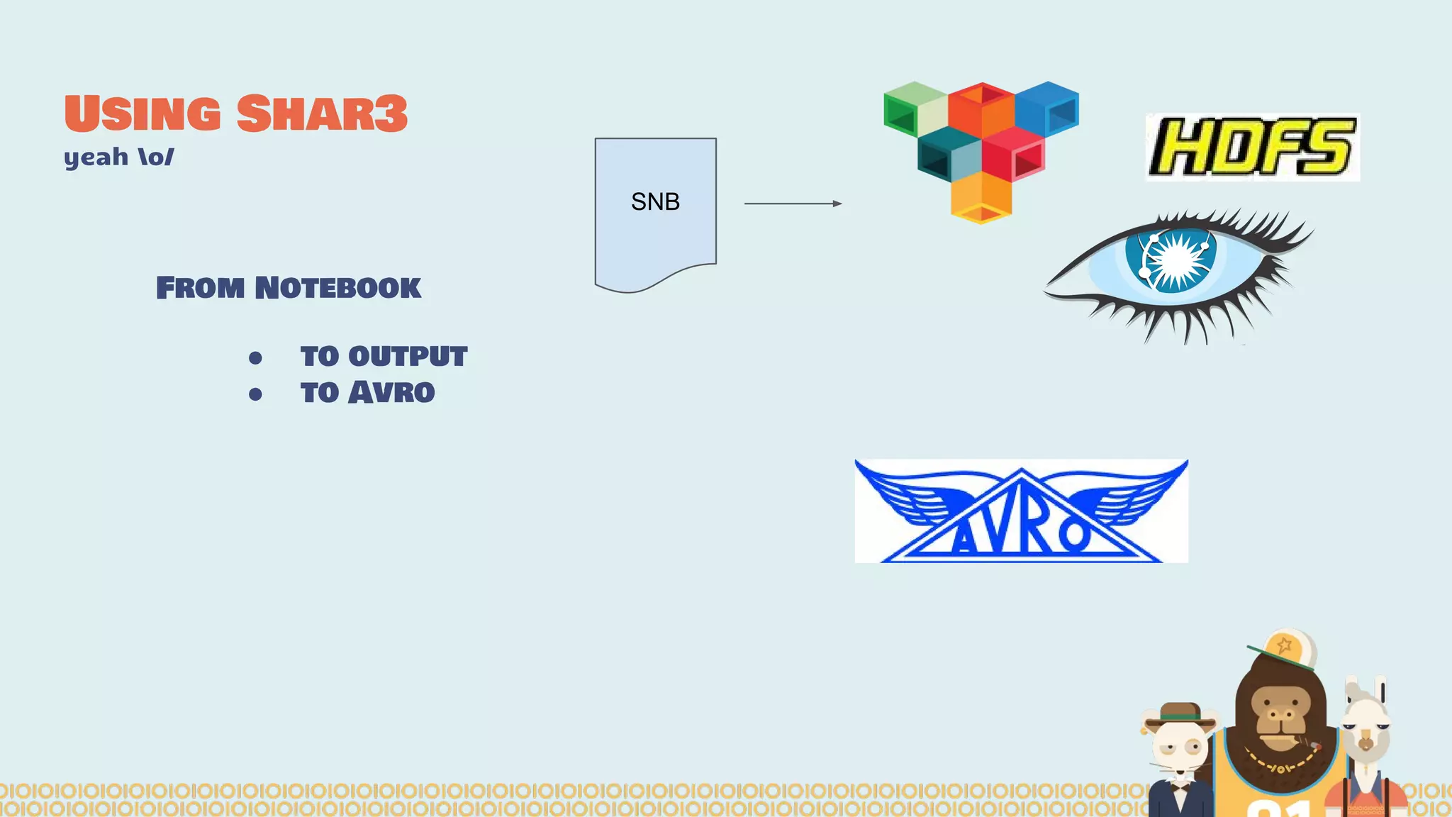 Using Shar3
yeah o/
From Notebook
● to output
● to Avro
SNB
 