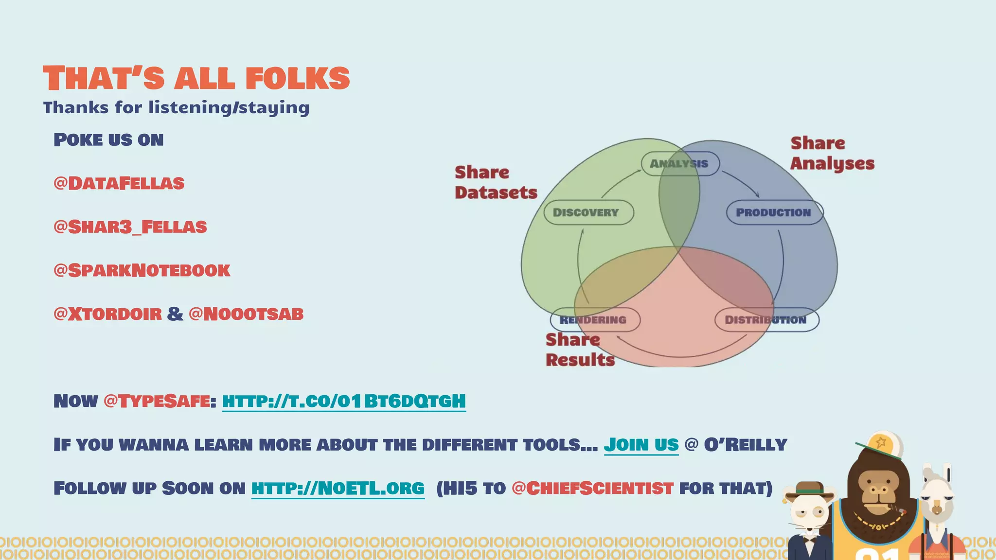 Poke us on
@DataFellas
@Shar3_Fellas
@SparkNotebook
@Xtordoir & @Noootsab
Now @TypeSafe: http://t.co/o1Bt6dQtgH
If you wanna learn more about the different tools… Join us @ O’Reilly
Follow up Soon on http://NoETL.org (HI5 to @ChiefScientist for that)
That’s all folks
Thanks for listening/staying
 