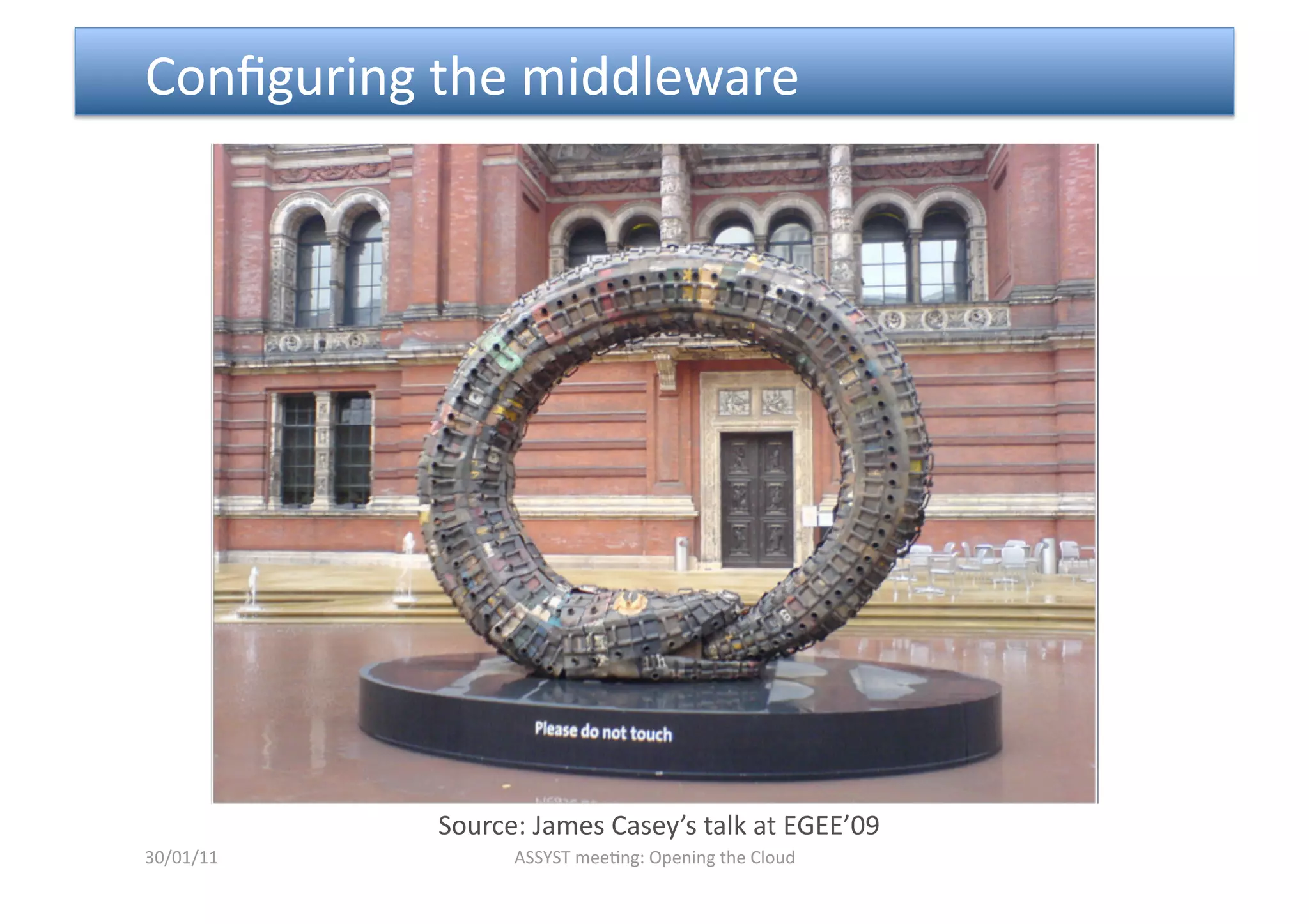  Conﬁguring the middleware 




            Source: James Casey’s talk at EGEE’09 
30/01/11          ASSYST mee<ng: Opening the Cloud 
 