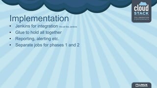 Implementation
• Jenkins for integration We all like Jenkins
• Glue to hold all together
• Reporting, alerting etc.
• Separate jobs for phases 1 and 2
 