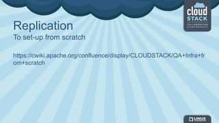 Replication
To set-up from scratch
https://cwiki.apache.org/confluence/display/CLOUDSTACK/QA+Infra+fr
om+scratch
 