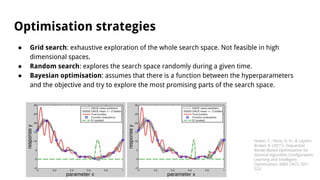 Optimisation strategies
● Grid search: exhaustive exploration of the whole search space. Not feasible in high
dimensional spaces.
● Random search: explores the search space randomly during a given time.
● Bayesian optimisation: assumes that there is a function between the hyperparameters
and the objective and try to explore the most promising parts of the search space.
Hutter, F., Hoos, H. H., & Leyton-
Brown, K. (2011). Sequential
Model-Based Optimization for
General Algorithm Configuration.
Learning and Intelligent
Optimization, 6683 LNCS, 507–
523.
 
