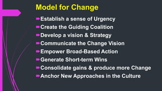 Model for Change
Establish a sense of Urgency
Create the Guiding Coalition
Develop a vision & Strategy
Communicate the...