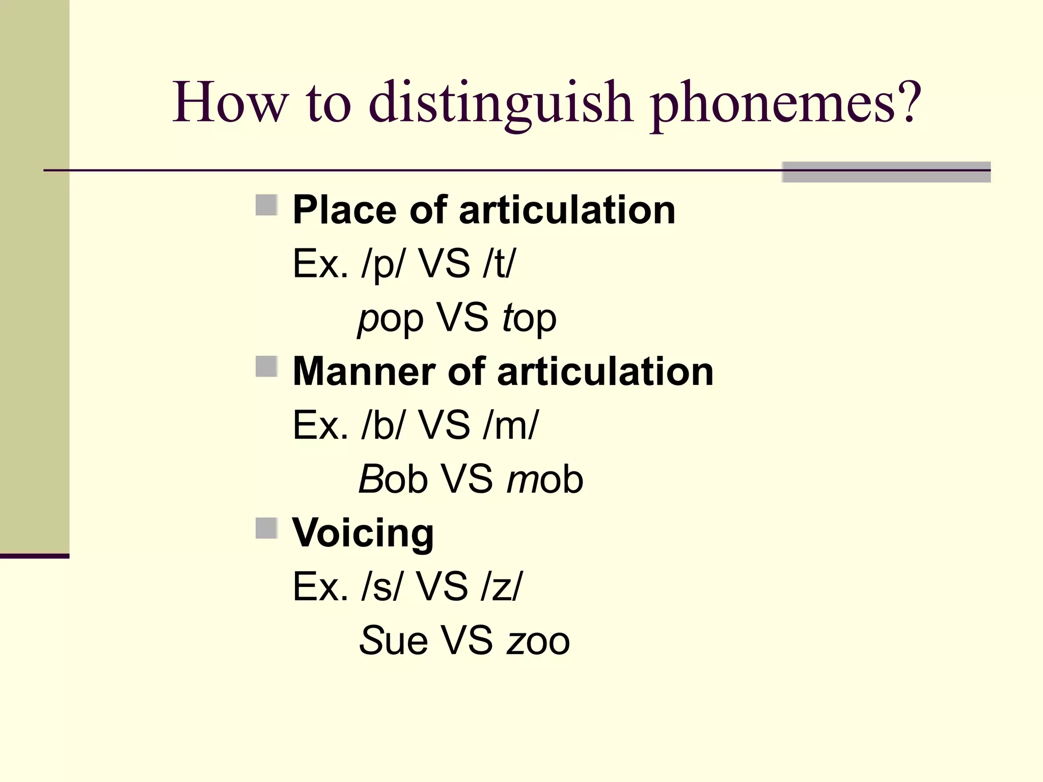 How to distinguish phonemes?
 Place of articulation

Ex. /p/ VS /t/
pop VS top
 Manner of articulation
Ex. /b/ VS /m/
Bob VS mob
 Voicing
Ex. /s/ VS /z/
Sue VS zoo

 