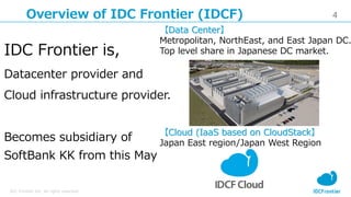 4
IDC Frontier Inc. All rights reserved.
Overview of IDC Frontier (IDCF)
IDC Frontier is,
Datacenter provider and
Cloud infrastructure provider.
Becomes subsidiary of
SoftBank KK from this May
【Data Center】
Metropolitan, NorthEast, and East Japan DC.
Top level share in Japanese DC market.
【Cloud (IaaS based on CloudStack】
Japan East region/Japan West Region
 