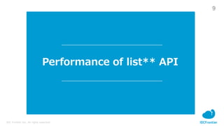 9
IDC Frontier Inc. All rights reserved.
Performance of list** API
 