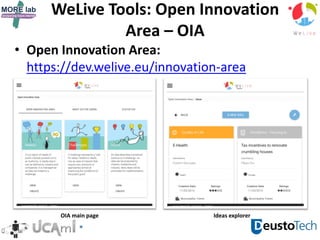 WeLive Tools: Open Innovation
Area – OIA
OIA main page Ideas explorer
• Open Innovation Area:
https://dev.welive.eu/innovation-area
 